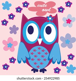 charming owl with flowers vector illustration