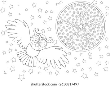 Charming owl flying at night with a full moon and stars, a delightful black and white line art illustration for coloring.