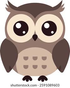 A charming owl with large, expressive eyes and a warm smile stands upright, exuding a friendly and inviting atmosphere.