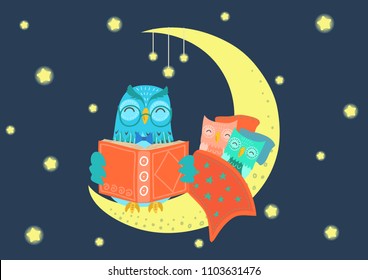 Charming Owl Reading Book To Owlets At Night On The Moon Under Starry Sky. Father And Children Concept. Bedtime, Story-time Vector Illustration.