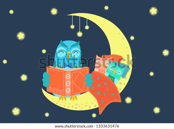 Charming owl reading book to owlets at\
night on the moon under starry sky. Father and children concept.\
Bedtime, story-time vector\
illustration.