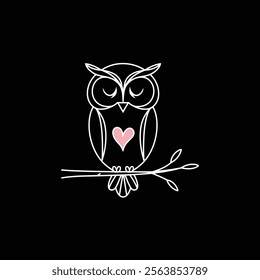 A charming owl rests on a branch, illustrated in a simple line style. The design focuses on clear lines and a bold contrast against a black background