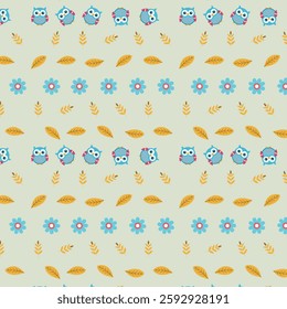 Charming Owls and Floral Elements in Vibrant Palette