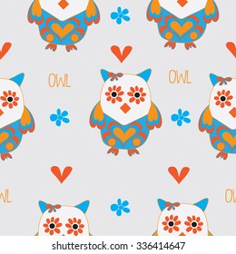 charming owls with flowers and hearts vector pattern illustration