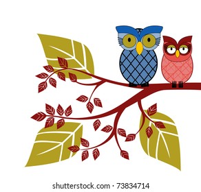 Charming owls perched on a branch - different patterns
