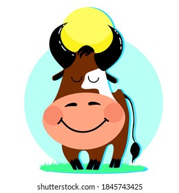 A charming ox with a moon in the horns. Bull year. Cute cow. Farm. Dairy product design. Farm milk. Logo, emblem, sign. Hand drawn vector.