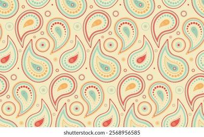 Charming paisley pattern in a retro color palette.  Perfect for textile design, wallpaper, packaging, and website backgrounds.  The vintage aesthetic offers a unique and stylish visual appeal.