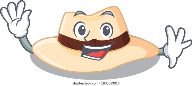 A charming panama hat mascot design style smiling and waving hand