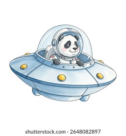 Charming panda astronaut peeking out froma futuristic flying saucer vector illustration. Panda wears helmet. UFO perfect for children's books.