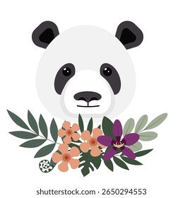 A charming panda head is depicted with a cheerful expression, surrounded by vibrant flowers and lush leaves. The design highlights a delightful blend of nature and simplicity.