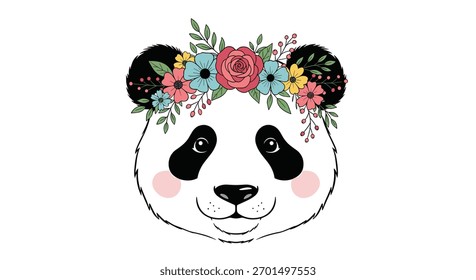 Charming panda head illustration with a colorful floral crown, featuring delicate blooms and a sweet, smiling expression, perfect for whimsical designs.