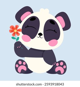 Charming panda holding a delicate flower with a peaceful smile. Ideal for kids’ prints, greeting cards, stickers, and decor