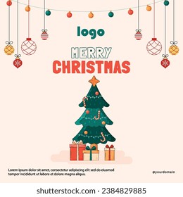 Charming paper-cut style Xmas banner: Christmas tree surrounded by gifts on a round podium, set against a festive red backdrop