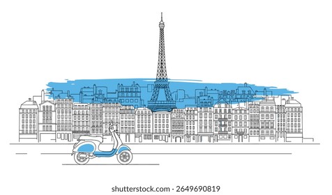 Charming parisian street scene featuring the eiffel tower and a classic scooter navigating the cityscape