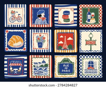 Charming Paris-inspired handdrawn  illustration tile collection featuring French café culture, bicycles, croissants, macarons, wine, flowers, Eiffel Tower, metro signs, and Parisian street scenes. Retro hand-drawn folk art style with striped and checkered backgrounds in classic French colors, perfect for travel prints, kitchen decor, textiles, postcards, and souvenirs.