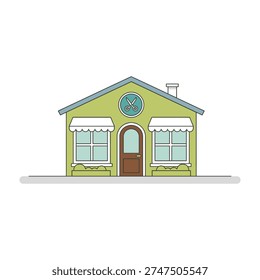 Charming pastel colored cottage with arched doorway and decorative clock symbol above entrance inviting warmth and homeliness