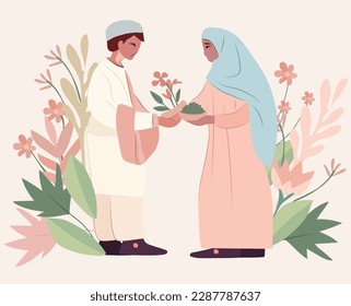 A charming pastel illustration Holy Month Ramadan, Hari Raya or Eid Mubarak greeting with botanical decorations. Muslim men and women exchanging presents, extending congratulations to one another
