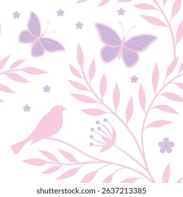 Charming Pastel Nature-Inspired Pattern with Butterflies, Flowers, and Bird