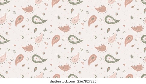 Charming pastel paisley pattern.  Soft pinks and greens on a delicate background. Perfect for textile design, wallpaper, or website backgrounds.  Add a touch of elegance to your projects.