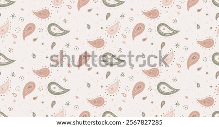 Charming pastel paisley pattern.  Soft pinks and greens on a delicate background. Perfect for textile design, wallpaper, or website backgrounds.  Add a touch of elegance to your projects.