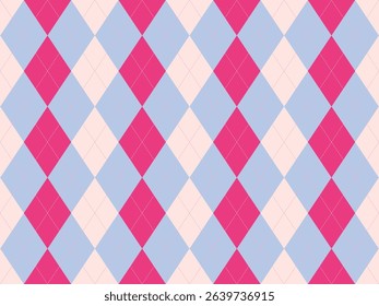 Charming pastel pink, light blue, and fuchsia argyle pattern.  Perfect for backgrounds, textiles, or branding projects needing a touch of elegance and whimsy.