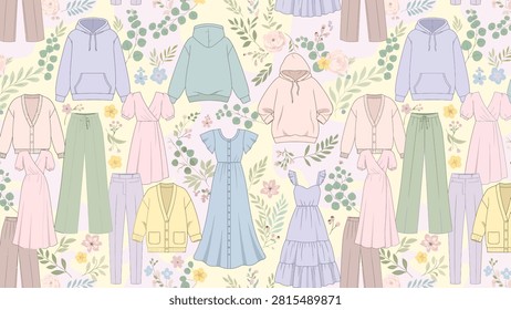 Charming pastel spring fashion vector set for women, showcasing casual and stylish outfits with floral accents.
