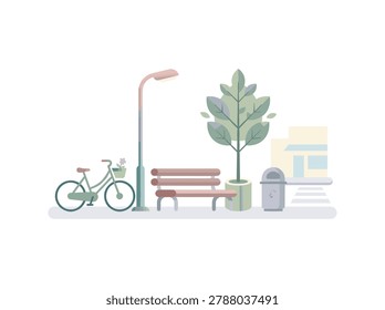 A charming pastel-colored bicycle parked next to a bench, streetlamp, and potted tree in a calm urban environment perfect for vector illustrations.