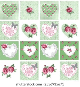 Charming Patchwork Fabric Design with Roses and Hearts