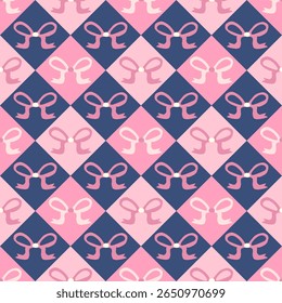 A charming pattern of alternating pink and navy blue squares, each adorned with a cute bow