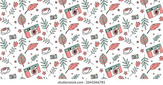 Charming Pattern with Cameras, Coffee Cups, Leaves, and Flowers for a Cozy Artistic Theme Vector illustration