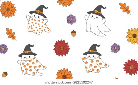 Charming pattern of cute ghosts wearing witch hats surrounded by colorful autumn flowers, pumpkins, and acorns on white background.