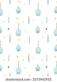 a charming pattern with cute holiday cupcakes, candles and stars on a white background