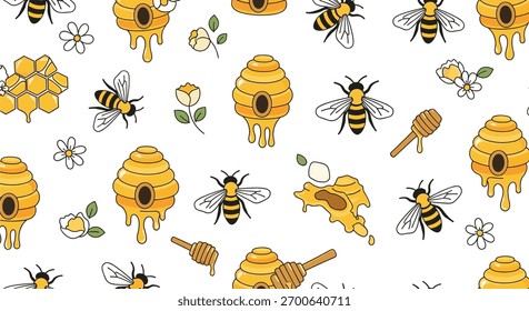 Um padrão encantador com abelhas, colmeias, favos de mel, mergulhadores de mel e flores, celebrando o tema da apicultura e a doçura do mel.