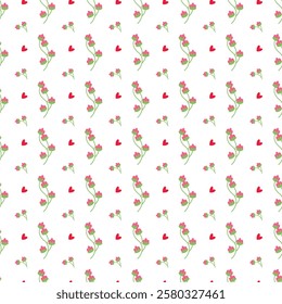 Charming pattern featuring cute pink flowers and red hearts on a white background, evoking joy and romance. Perfect design for Valentine's Day, invitations, or cheerful decorative elements.