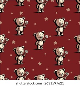 A charming pattern featuring cute teddy bears holding flowers against a rich red background, sprinkled with stars. This delightful design is perfect for children's products, textiles, 