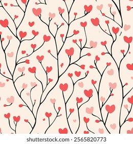 A charming pattern featuring delicate branches adorned with varying shades of red and pink hearts against a soft beige background. 