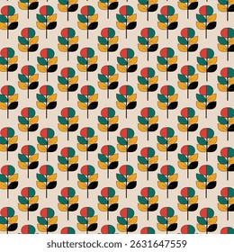 A charming pattern featuring stylized flowers and leaves in red, green, and yellow on a soft beige background. This eye-catching design is perfect for textiles, wallpapers, and a variety of decorative