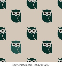 Um padrão encantador com ilustrações de coruja estilizada em verde contra um fundo neutro. Este design é perfeito para papéis de parede de têxteis