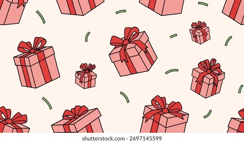 A charming pattern featuring various sizes of gift boxes, each adorned with a red ribbon, scattered across a light-colored backdrop. The design is perfect for holiday-themed projects.