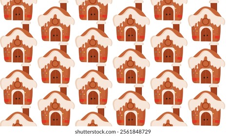 A charming pattern featuring whimsical gingerbread houses with snowy rooftops, perfect for holiday-themed projects and festive decor. Ideal for wrapping paper, textiles, and invitations.