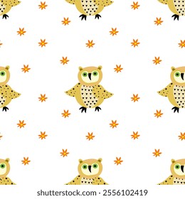 Charming pattern with owl characters and bright orange flowers