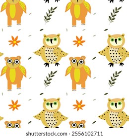 Charming pattern with owl characters and bright flowers