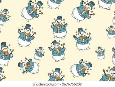 Charming pattern of playful snowmen enjoying the winter snowfall and festive season celebration