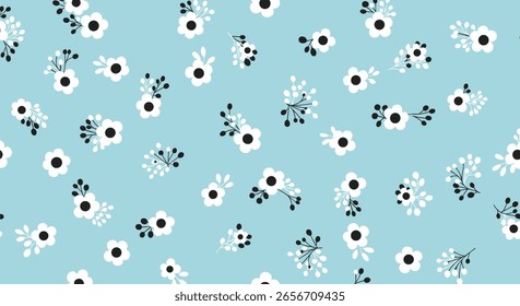 A charming pattern of scattered small white flowers with black centers on a light blue background