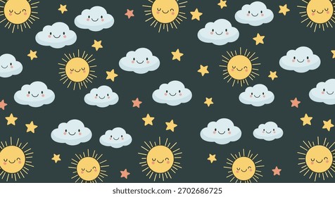 A charming pattern of smiling suns fluffy clouds and twinkling stars on a dark background.
