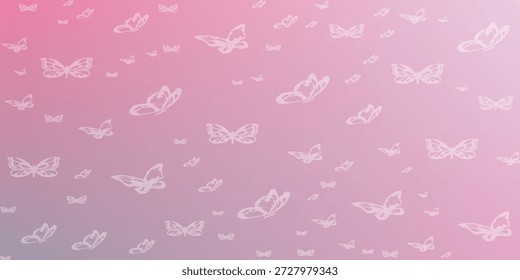 Um padrão encantador de contornos sutis de borboleta espalhados por um suave gradiente rosa e roxo, criando um visual sonhador e etéreo.