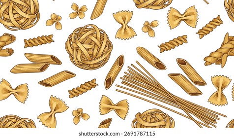 Um padrão encantador de vários tipos de massas não cozidas contra um fundo branco.