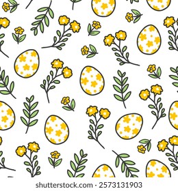 Charming Pattern with Yellow Bloom and Festive Egg. Perfect for Easter-themed projects, greeting cards, gift wraps, and digital designs, , ideal for celebrating the Easter holiday season.