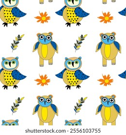 Charming pattern with yellow blue owls with twigs and flowers