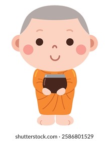 A charming and peaceful cartoon illustration of a young novice monk dressed in traditional orange robes, holding a black alms bowl with a gentle smile.